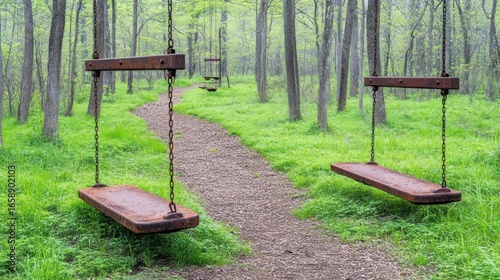 Abandoned Swingset in a Forest Clearing Invites Reflection and Nostalgia with Rustic Charm and