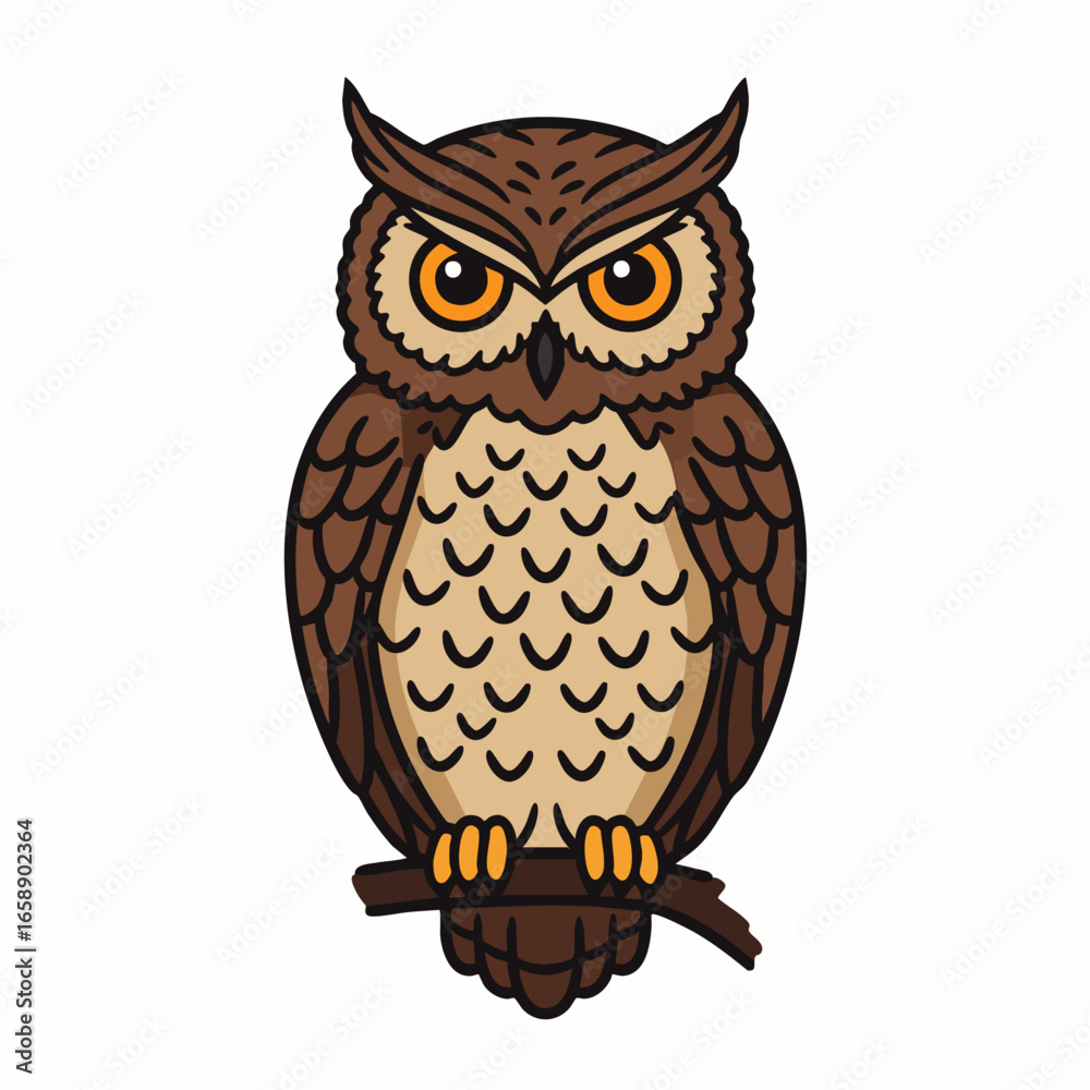 Fototapeta premium A charming cartoon illustration of a majestic brown owl with bright orange eyes, perched calmly on a branch, symbolizing wisdom and nature.