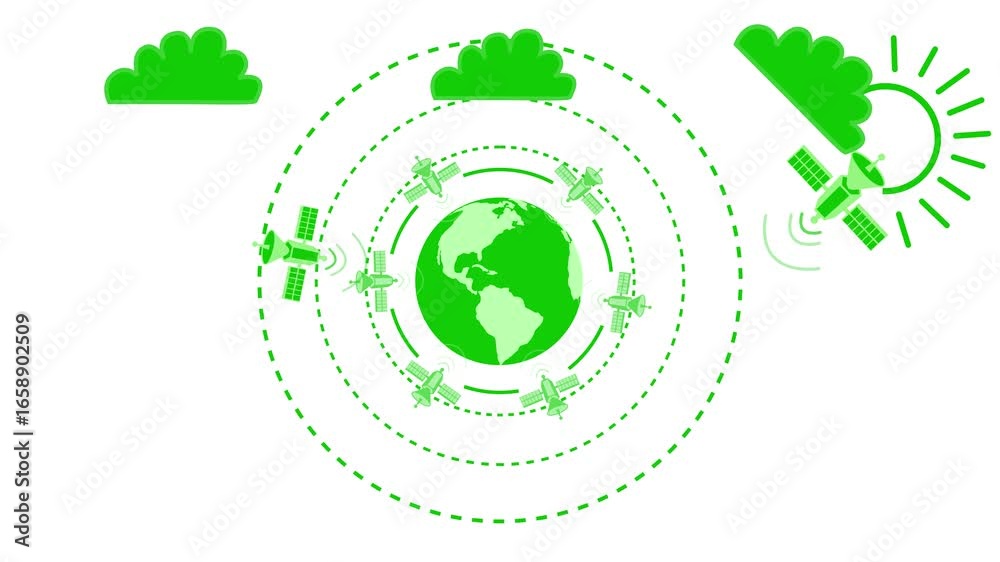 Animation of Earth surrounded by satellites and clouds, depicting global communication Animation of Earth surrounded by satellites and clouds, depicting global communication