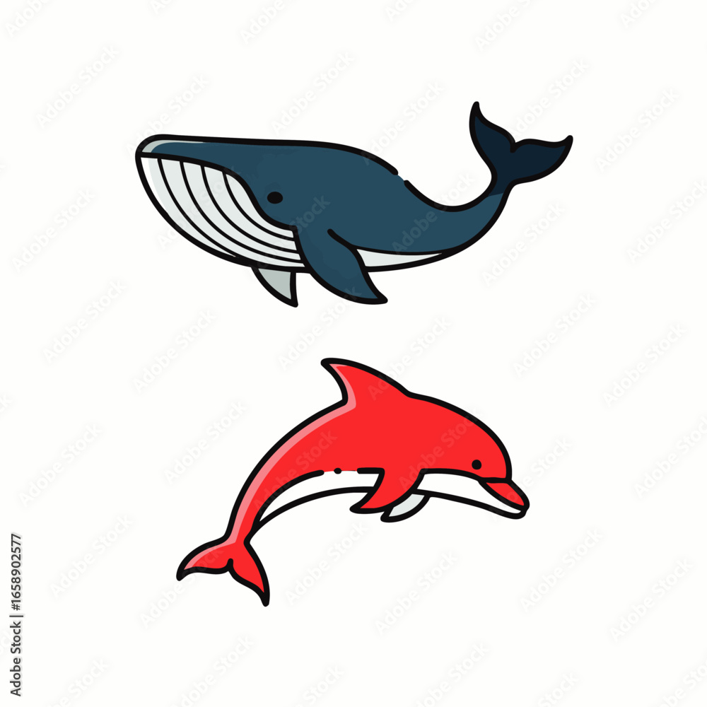 Fototapeta premium A charming duo of cartoon marine mammals, featuring a majestic blue whale and a playful red dolphin, illustrated with clean lines on a white background.