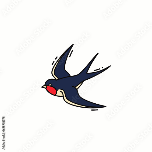 A beautifully stylized illustration of a barn swallow in graceful flight, featuring its distinctive dark blue plumage and red throat against a clean background.