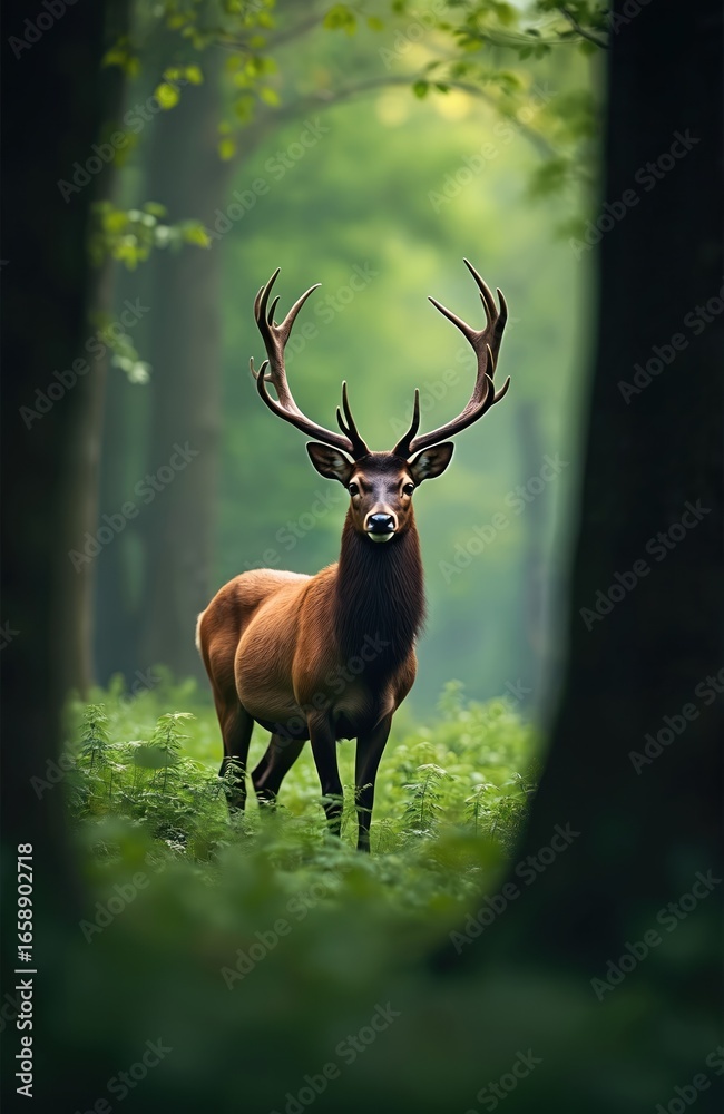 Majestic male deer with large antlers stands in rich green forest during spring. Brown fur contrasts with vibrant foliage, soft light filtering through trees. Wild animal captured in natural, serene Majestic male deer with large antlers stands in rich green forest during spring. Brown fur contrasts with vibrant foliage, soft light filtering through trees. Wild animal captured in natural, serene