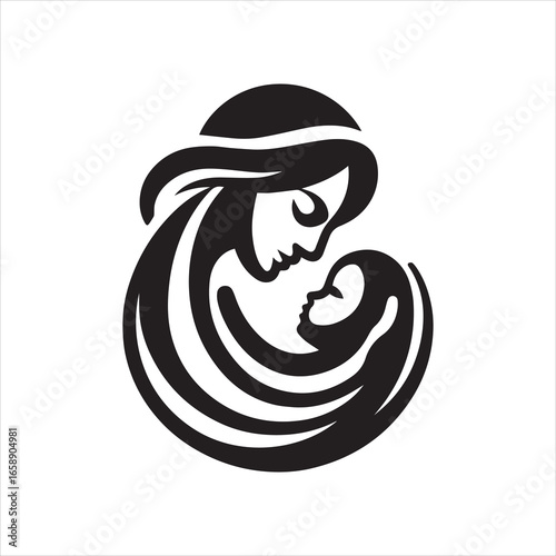 Stylized Monochrome Illustration of Mother and Baby 1.