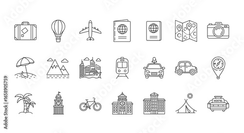 Collection of travel themed line art icons including landmarks and transportation