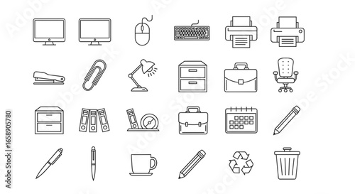 Outline vector illustration of office supplies and equipment in a simple style