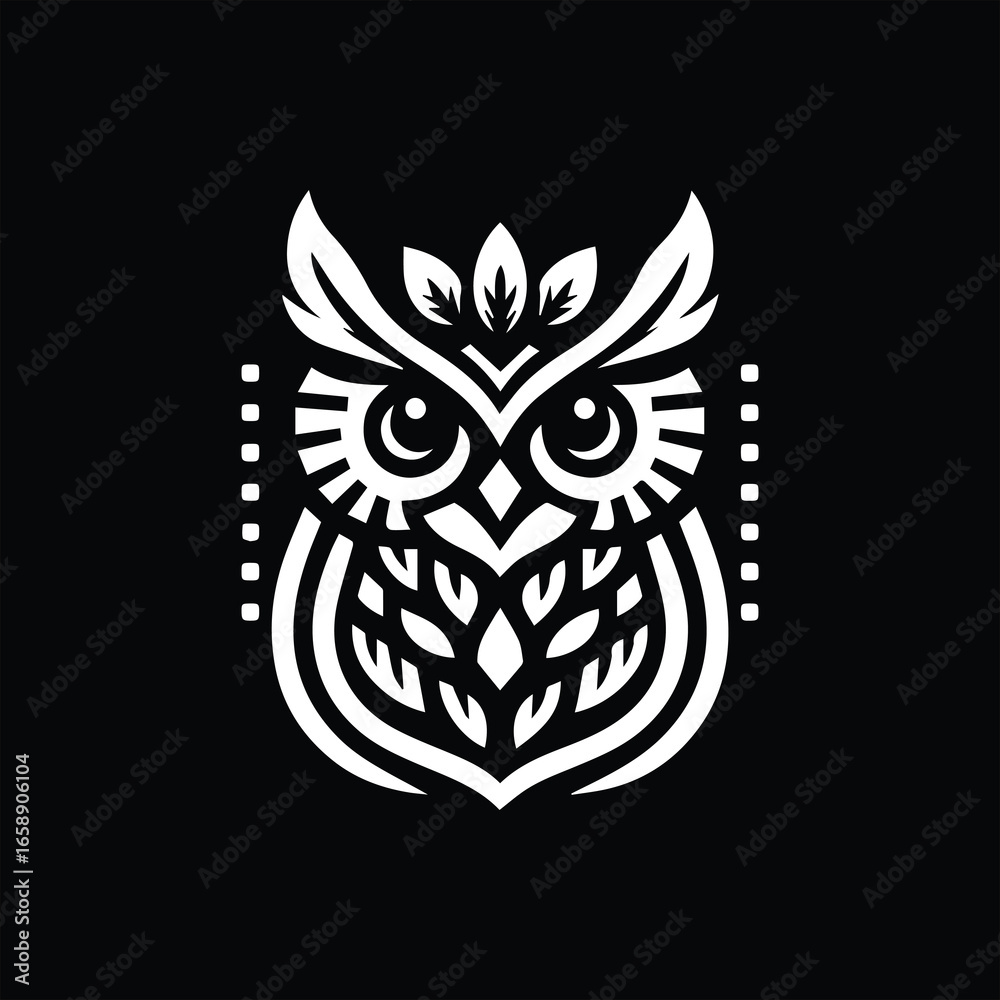 Naklejka premium Stylized Owl Illustration with Geometric and Floral Elements in White.