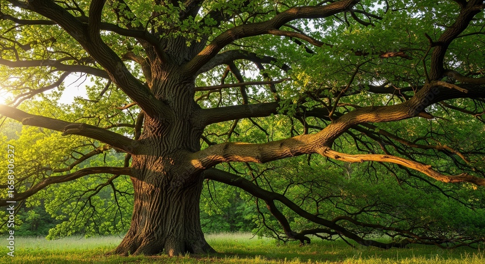 Obraz premium Majestic old oak tree with textured bark and sprawling branches, bathed in sunlight filtering through lush green leaves.