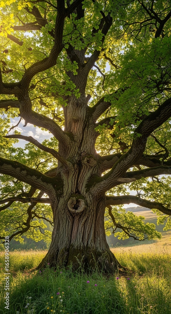Obraz premium Majestic old oak tree with textured bark and sprawling branches, bathed in sunlight filtering through lush green leaves.