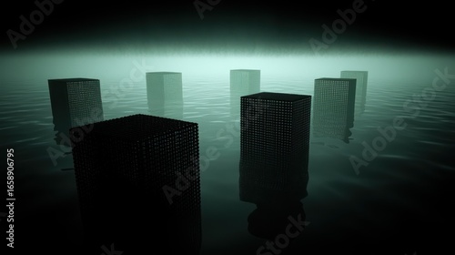Surreal seascape with dark geometric shapes rising from misty water surface