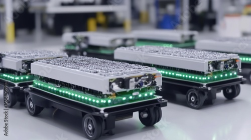 Automated Guided Vehicles transporting components with illuminated indicators in a factory setting