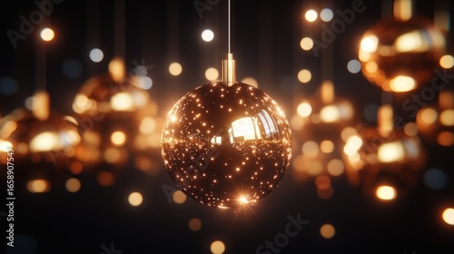 Golden Christmas Ornaments with Glowing Lights Creates a Festive and Magical Atmosphere