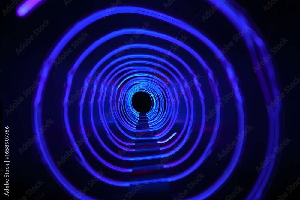 Fototapeta premium Blue Neon Spiral Tunnel with Steps light