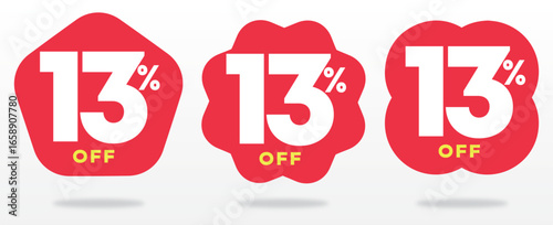 13% off, price, advertising, offer, store, retail, shop, marketing, promo, ticker, special, label, tag. Store, red, set, vector, icon