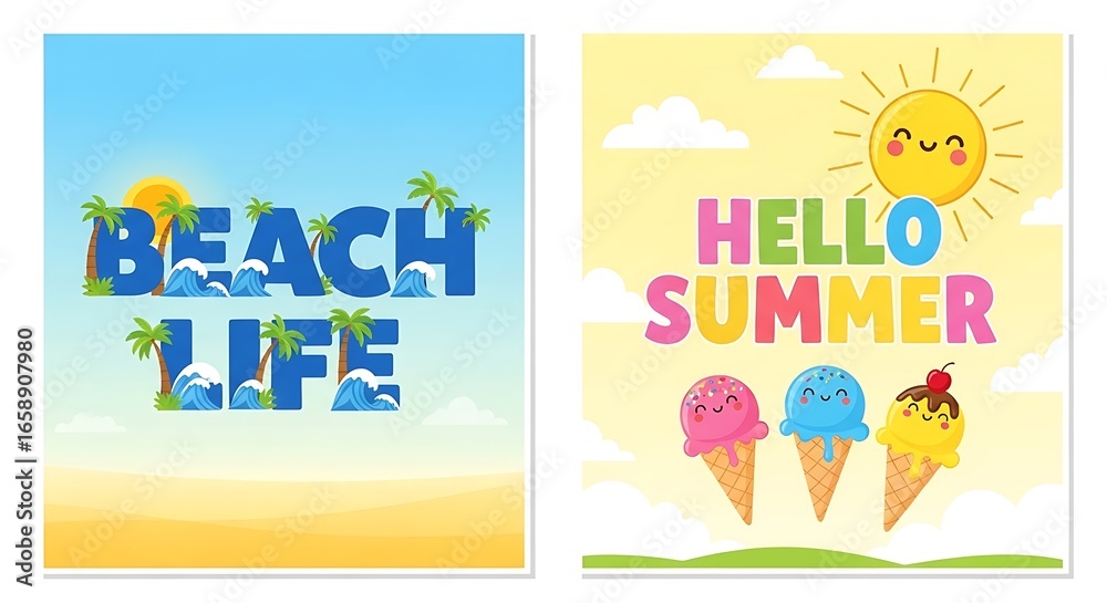 Fototapeta premium Cheerful Summer Holiday Themed Graphics with Beach and Ice Cream Motifs