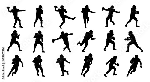 Collection of american football player silhouettes in various action poses, isolated on white background