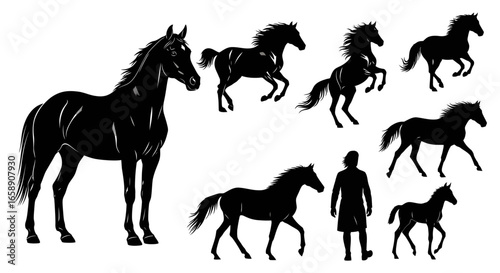 Collection of horse silhouettes in various poses, isolated on white background