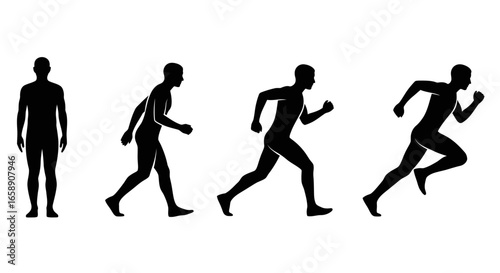 Man running sequence isolated on white background, illustrating gait phases and athletic motion