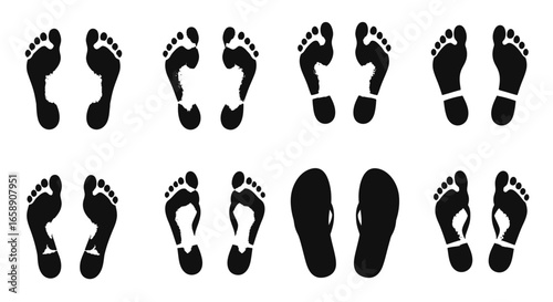 Collection of footprints and flipflops in various arrangements, isolated on white background