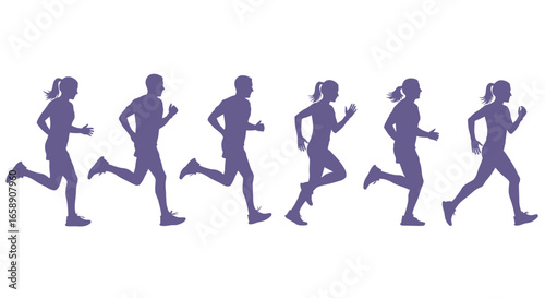 Colorful silhouettes of running people isolated on white background