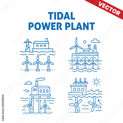 Vector illustration of a tidal power plant with turbines in the ocean and an energy production building, using waves for power generation in outline graphic style.