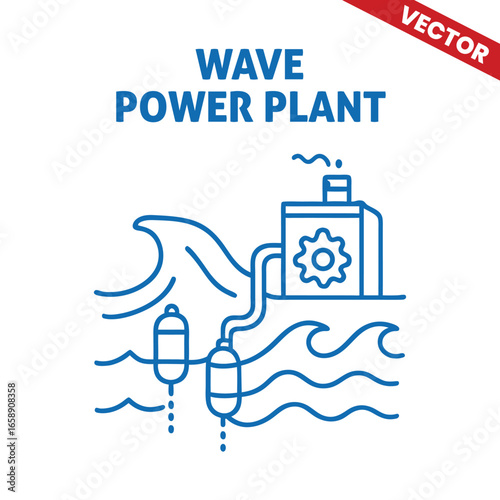 Wave Power Plant with Buoy System and Gear Mechanism, Vector Outline Graphic Illustration
