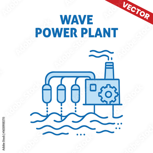 Wave Power Plant with Buoy and Gear System, Vector Outline Graphic Illustration