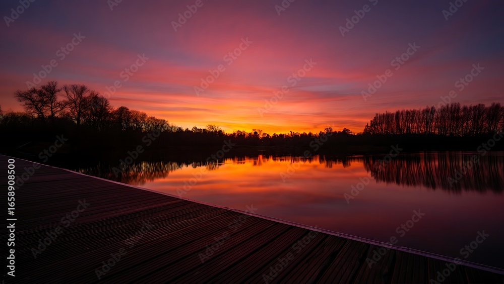 Fototapeta premium Vibrant Sunset Over Tranquil Lake and Forest Edge