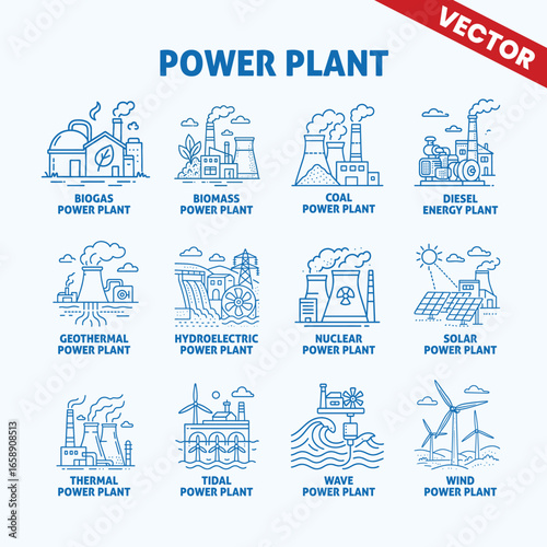 Types of power plant: set of vector icons representing different power plants such as biogas, biomass, coal, diesel, geothermal, hydroelectric, nuclear, solar, thermal, tidal, wave, and wind energy