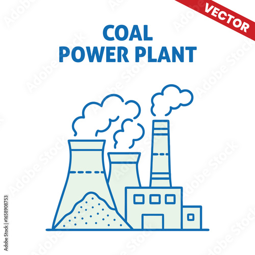 Coal Power Plant with Energy Production, Coal Storage and Smoke Emission Outline Graphic Illustration