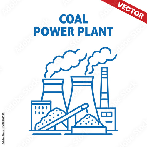 Coal Power Plant with Smoke and Cooling Towers, Energy Production Outline Graphic Illustration