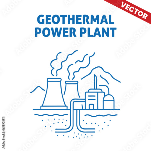 Geothermal Power Plant with single smokestack and underground pipeline, outline graphic illustration