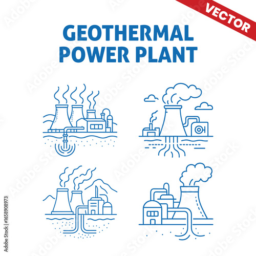 Geothermal Power Plant Harnessing Earth's Energy with Steam Emission, Drilling Pipes, and Eco-Friendly Power Generation - Outline Graphic Style