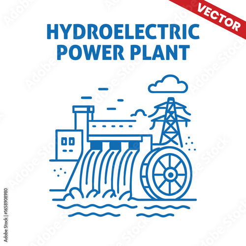 Hydroelectric power plant with water flow and energy transmission tower in vector outline graphic illustration