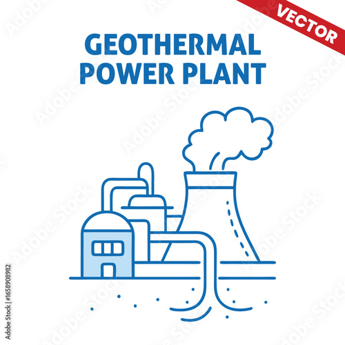 Geothermal Power Plant with a large smokestack and energy processing units, outline graphic illustration