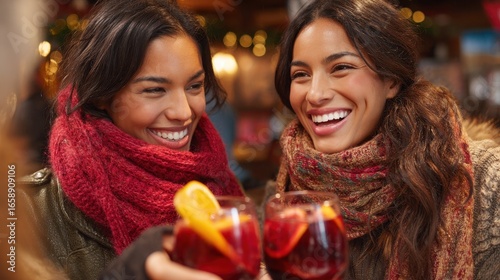 Two friends share laughter and festive drinks while wearing warm scarves at a market gathering