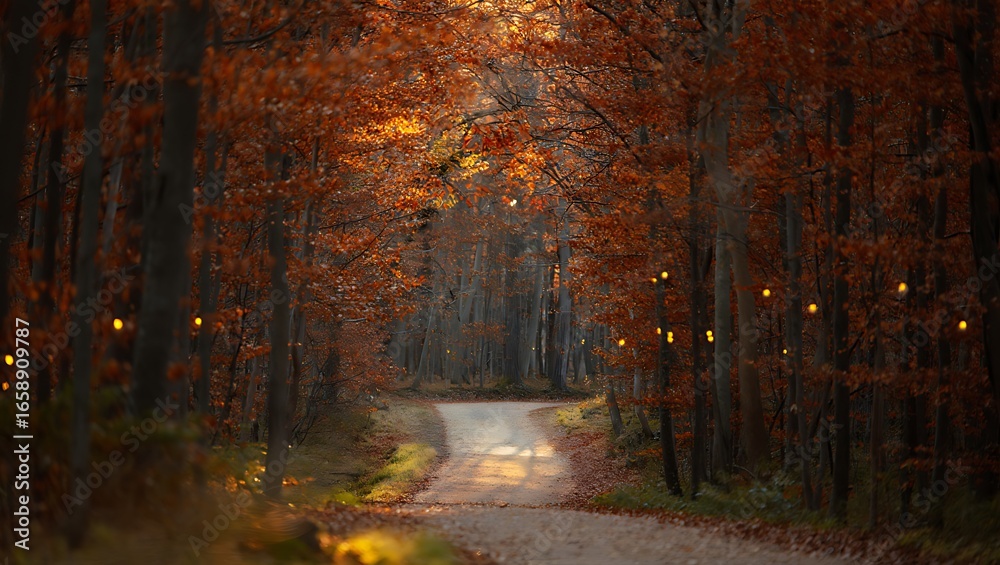 Fototapeta premium Magical Forest Path Illuminated by Golden Lanterns