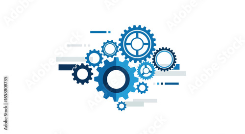 Illustration depicting interconnected blue gears, representing mechanical processes and teamwork.