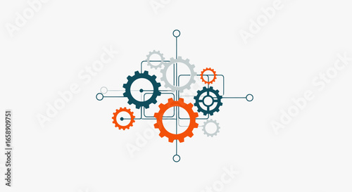 Illustration of interconnected gears in orange, blue, and gray, linked by lines, on a white background, representing a system or mechanism.