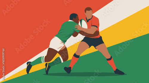 Two rugby players engaged in a dynamic tackle, showcasing athletic competition with a colorful background.