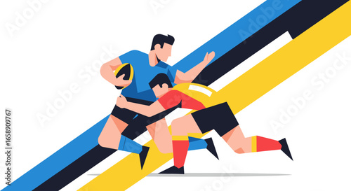 Rugby players in action, one player carrying the ball while being tackled by another, with abstract diagonal lines in the background.