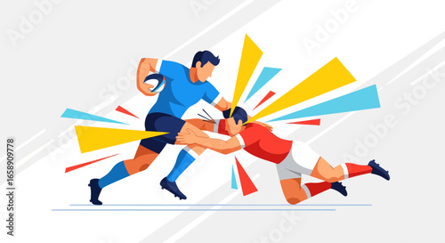 Rugby players in action, one tackling the other who is running with the ball.
