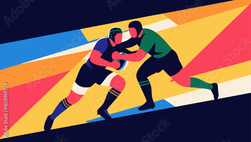 Rugby players in a dynamic tackle, vibrant abstract background.