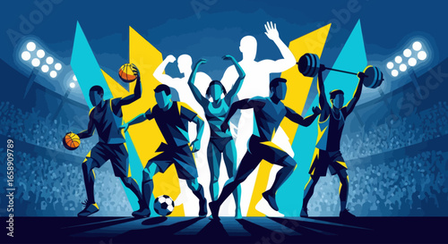 Diverse athletes in dynamic poses, celebrating victory at a stadium, illuminated by spotlights.