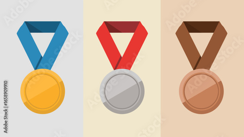 Three colorful medals representing first, second, and third place awards, hanging by ribbons.