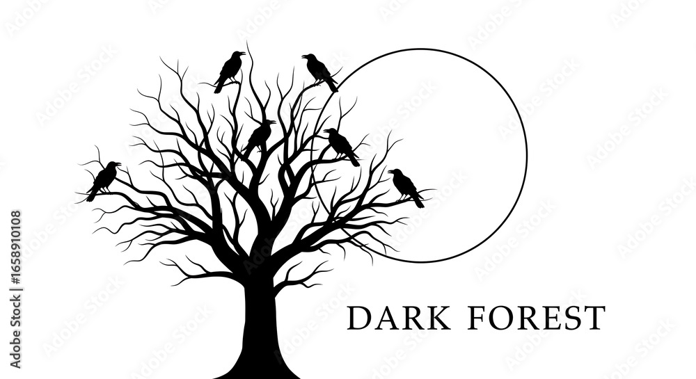 Fototapeta premium Raven silhouettes on a dead tree against a full moon.