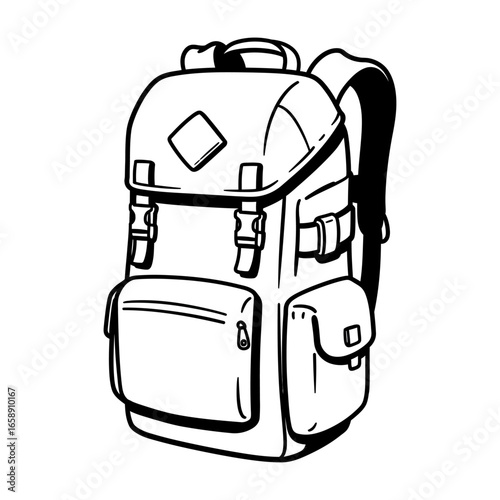 Backpack illustration A detailed drawing of a hiking backpack with pockets and buckles perfect for travel guides and outdoor adventure blogs and illustrating luggage.