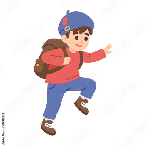 Backpack kid climbing illustrated young boy with backpack exploring evoking childhood adventure and outdoor fun perfect for travel blog illustration.