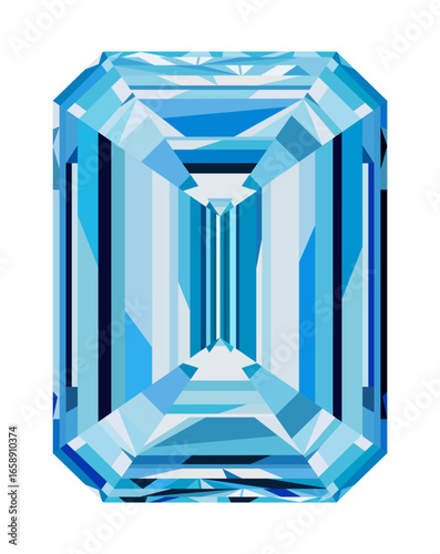 Elegant emerald cut blue sapphire gemstone illustration in vector. Luxury blue gem with faceted design, isolated on white background. Blue gemstone for branding, decoration, jewelry, fashion design.