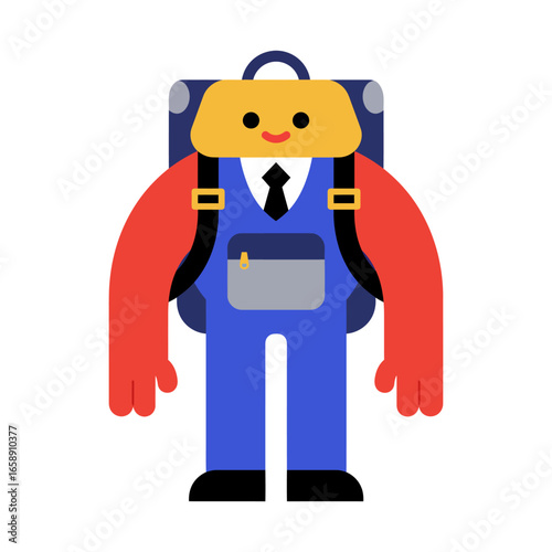 Backpack kid heading to school wearing a tie and backpack conveying education and preparedness in a simple playful style for childrens books.