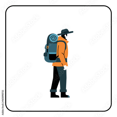 backpacker on a trek carrying heavy luggage walking in nature during the day for travel blogs and outdoor adventure promotions.